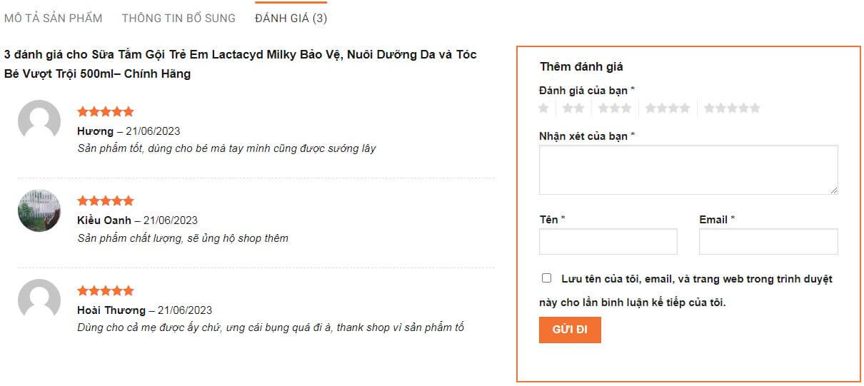 Đánh giá sản phẩm trên website mẹ và bé