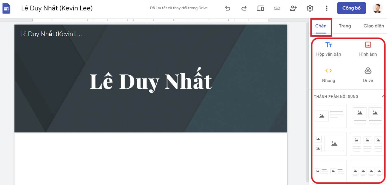 Chèn nội dung vào web Google Sites