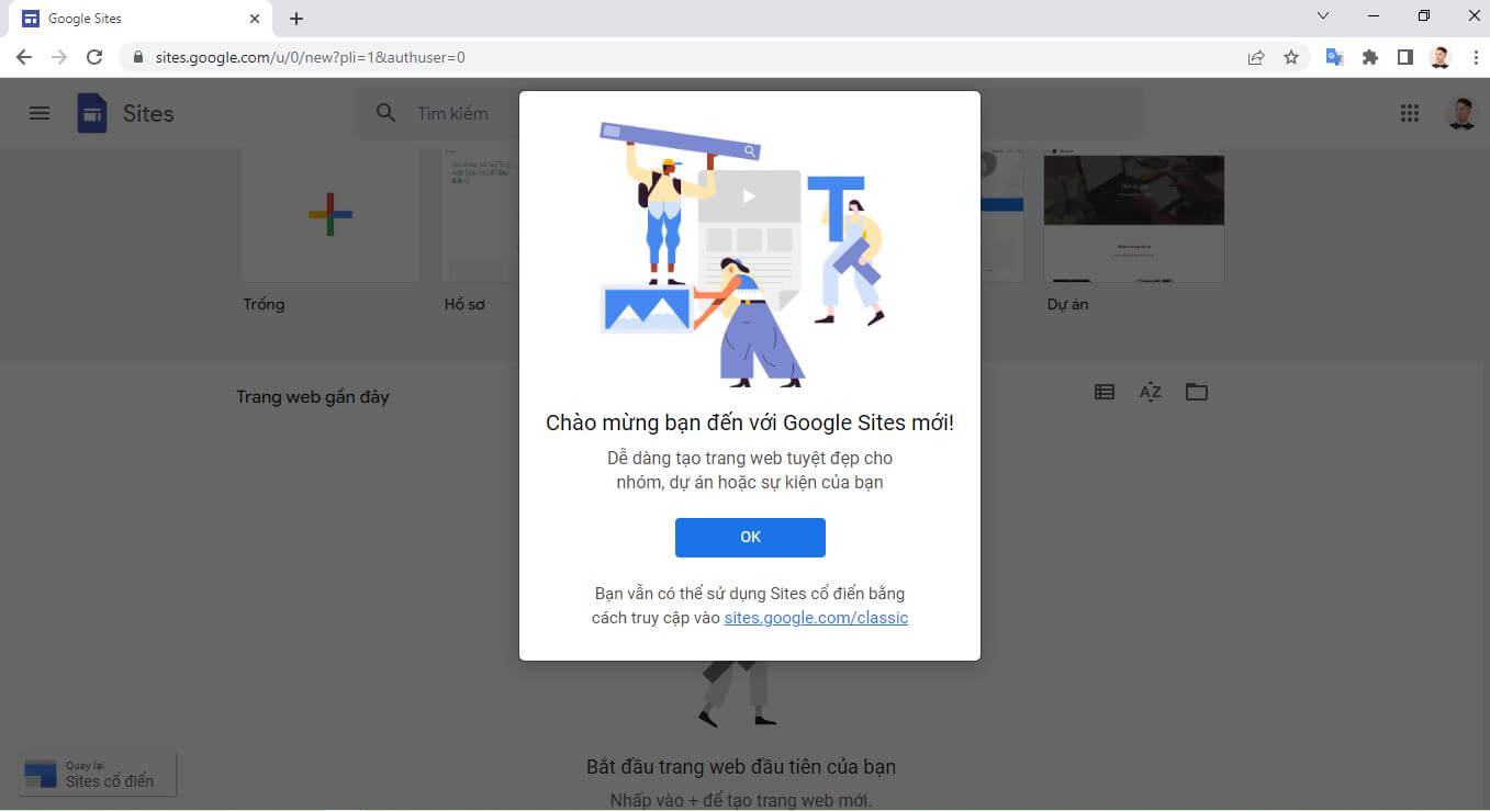 Giao diện truy cập vào Google Sites khi đã đăng nhập tài khoản Google