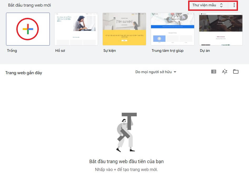 Nhấn vào + để tạo trang web mới trên Google Sites