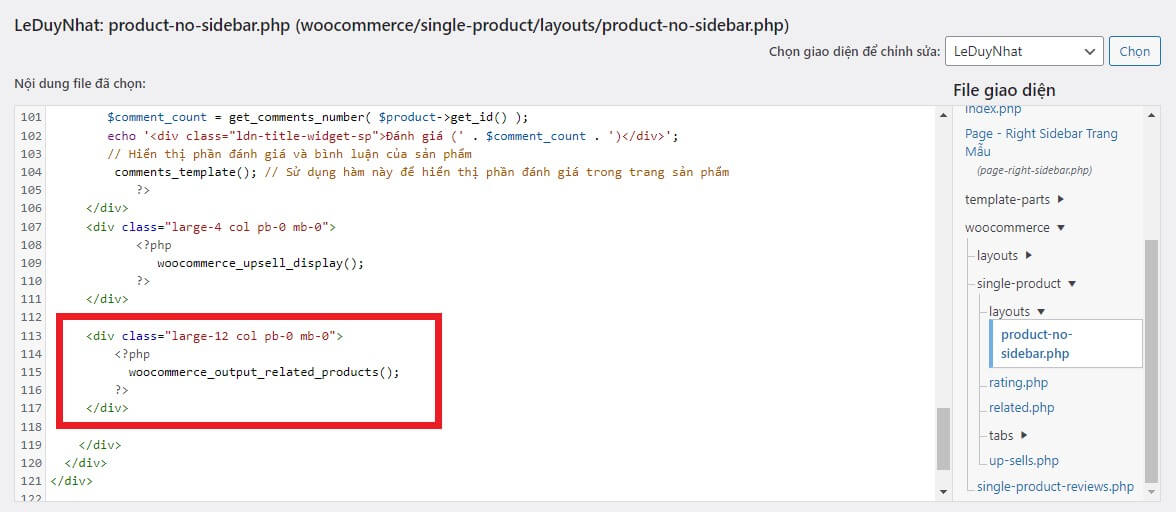 Ví dụ chèn mã PHP hiển thị sản phẩm liên quan WooCommerce