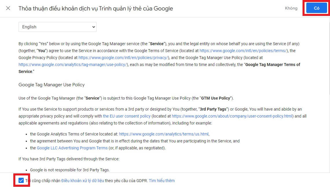 Thỏa thuận điều khoản dịch vụ Google Tag Manager